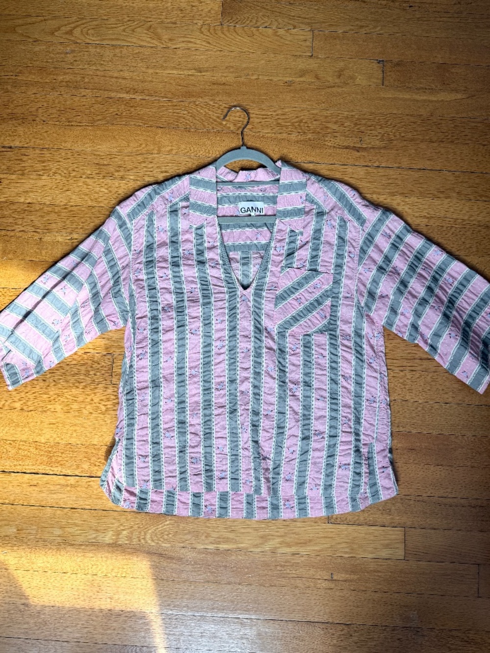 GANNI Organic Cotton Pink Grey Striped Floral Tunic Blouse Oversized Top